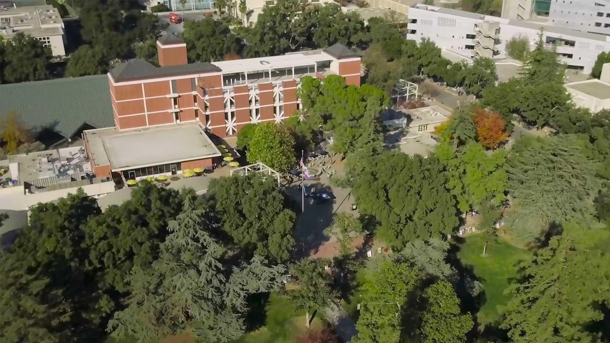 aerial view of the TV campus showing some buildings surrounded by trees