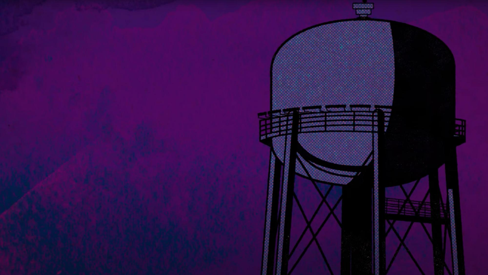 A comic book style illustration of the TV water tower