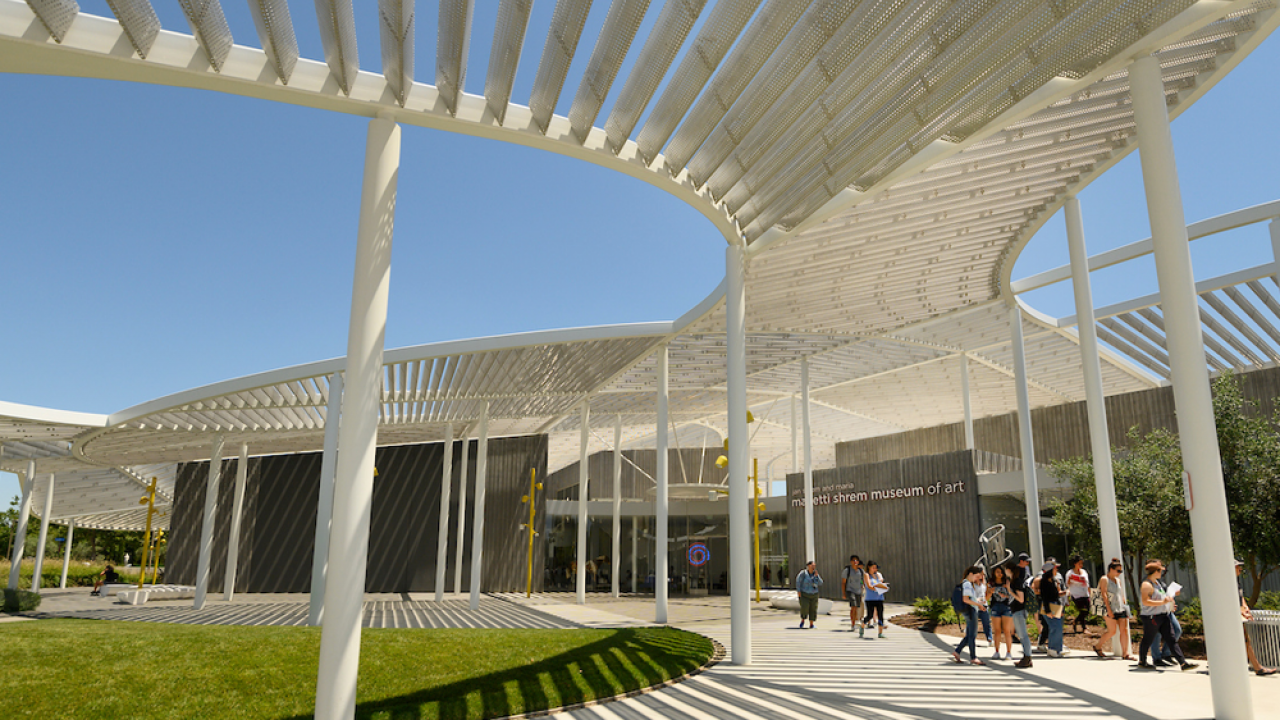 A view of the curved white roof of the Manetti Shrem Museum of Arts at TV