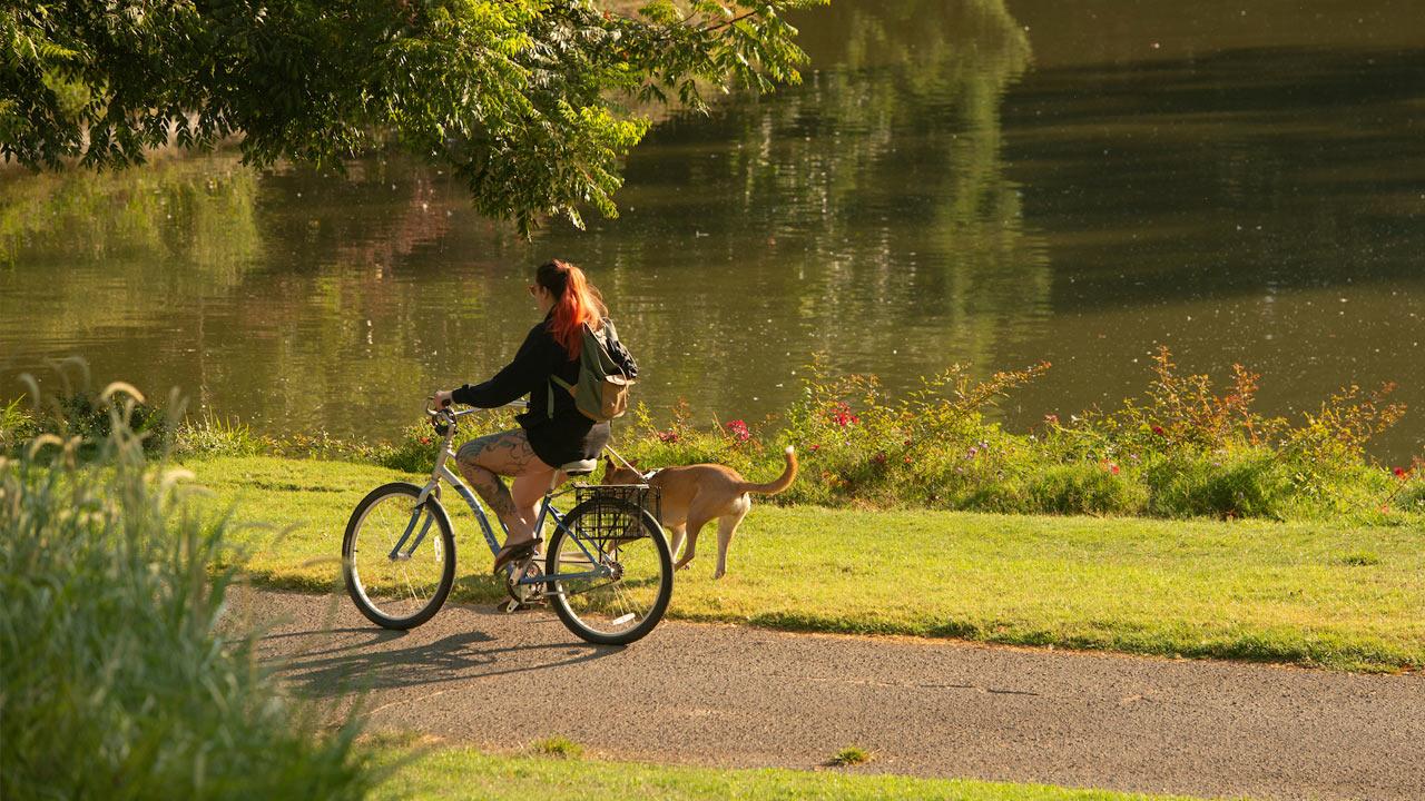 A student rides her bike through the TV Arboretum while her dog jogs alongside.