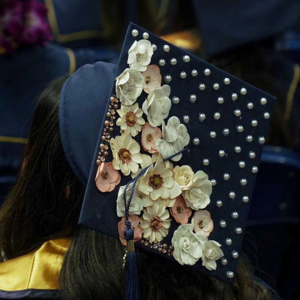 A decorated graduation cap at TV commencement